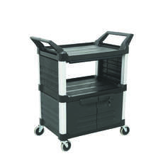 90kg Rated 3 Shelf Commercial Trolley Hospitality Cart with Lockable Doors, Sliding drawer - Black