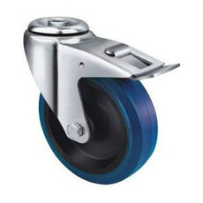 180kg Rated Blue Rubber Castor - 125mm - Bolt Hole With Brake