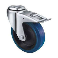 140kg Rated Blue Rubber Castor -100mm - Bolt Hole With Brake