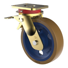1000kg Rated Urethane on Cast Iron Castor - 200mm - Swivel with Brake