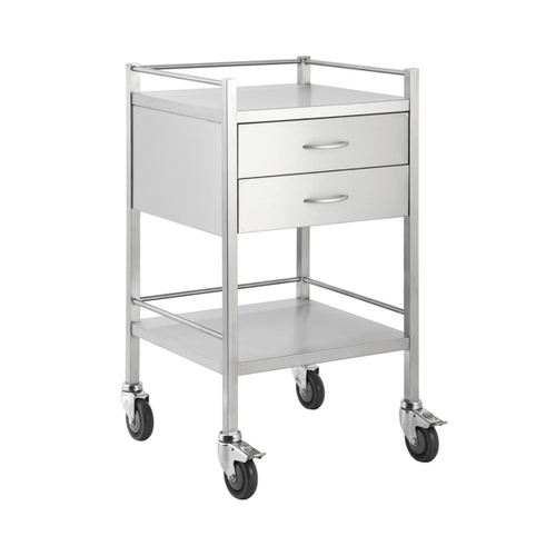 Stainless Steel Medical Trolley Utility Cart - Square with Rails with 2 Drawers [Delivery: WA, SA, NT, TAS]