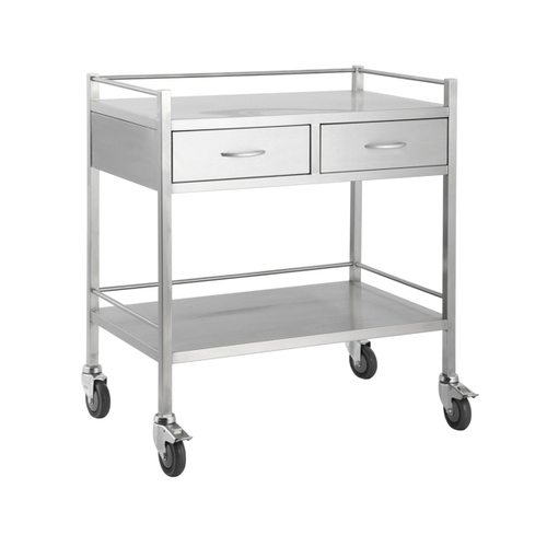 Stainless Steel Medical Trolley Utility Cart - Rectangle with rails with 2 Drawers Side By Side [Delivery: VIC, NSW, QLD]