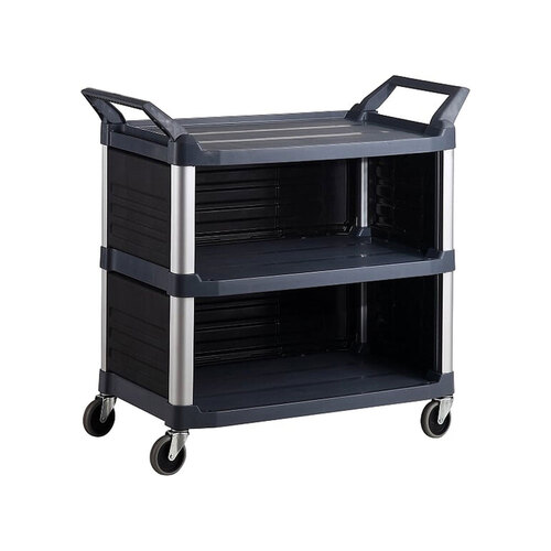 135kg Rated 3 Shelf Commercial Trolley Hospitality Cart with Enclosed End Panels - Black