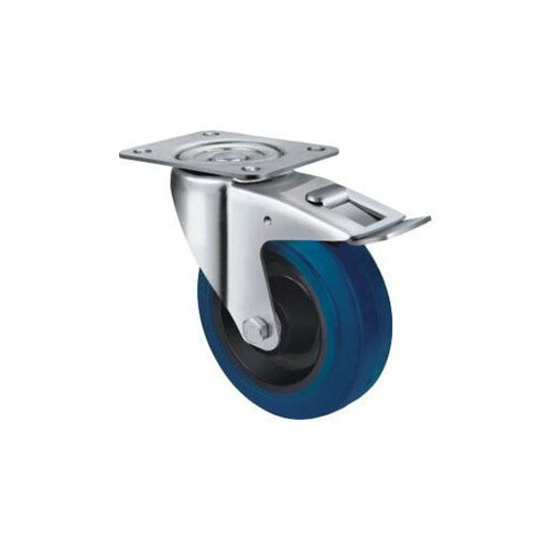 180kg Rated Blue Rubber Castor - 125mm - Swivel With Brake