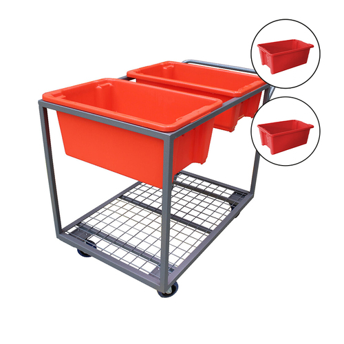 340kg Order Picking Trolley + TWO 52L Red Plastic Crates