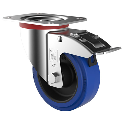 300kg Rated Blue Rubber Castor - 160mm - Swivel Plate With Brake